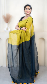 Olive Yellow and Teal Mul Cotton Saree