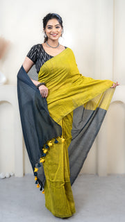 Olive Yellow and Teal Mul Cotton Saree