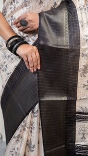 Off White Warli Print Silk Saree with Black Border
