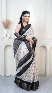Off White Warli Print Silk Saree with Black Border