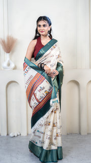 Cream Warli Print Silk Saree with Sky Blue Border