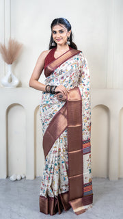 White Warli Print Silk Saree with Maroon Border
