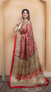 Red Pashmina Soft Silk with Golden and Green Border