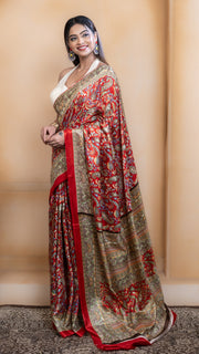 Red Pashmina Soft Silk with Golden and Green Border