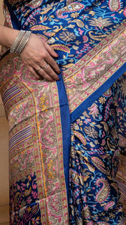 Royal Blue Pashmina Soft Silk with Golden and Pink Border
