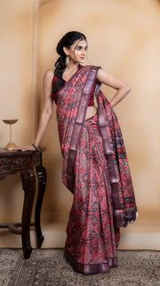 Bright Pink Soft Silk Saree with Multicolour Ajrakh Digital Print