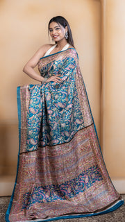 Teal Pashmina Soft Silk with Golden and Pink Border