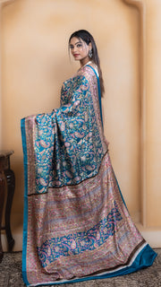 Teal Pashmina Soft Silk with Golden and Pink Border