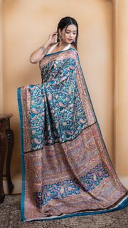 Teal Pashmina Soft Silk with Golden and Pink Border