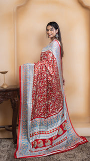 Red Pashmina Soft Silk with White and Blue Border