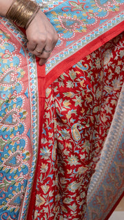 Red Pashmina Soft Silk with White and Blue Border
