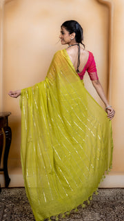 Lime Green Mul Cotton Saree with Sequenced Stripes