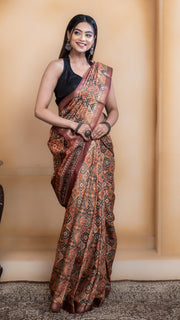 Light Orange Soft Silk Saree with Multicolour Ajrakh Digital Print