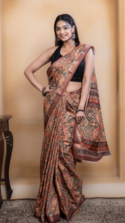 Light Orange Soft Silk Saree with Multicolour Ajrakh Digital Print