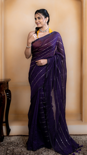 Violet Mul Cotton Saree with Sequenced Stripes