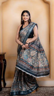 Teal Soft Silk Saree with Multicolour Ajrakh Digital Print