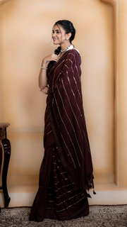 Dark Maroon Mul Cotton Saree with Sequenced Stripes