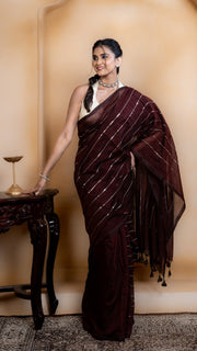 Dark Maroon Mul Cotton Saree with Sequenced Stripes