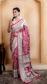 Rose Pink Pashmina Soft Silk with White and Blue Border