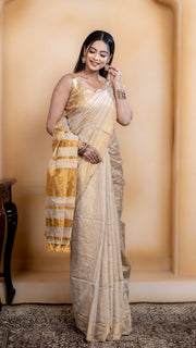 Off White and Gold Crushed Tissue Saree