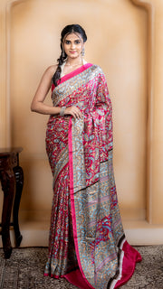 Rose Pink Pashmina Soft Silk with Golden and Blue Border
