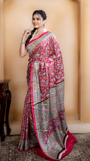 Rose Pink Pashmina Soft Silk with Golden and Blue Border