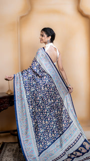 Navy Blue Pashmina Soft Silk with White and Blue Border