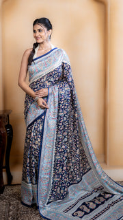 Navy Blue Pashmina Soft Silk with White and Blue Border