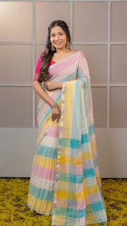 Pastel Multicolor Check Linen Saree with Pink, Sky and Yellow tones