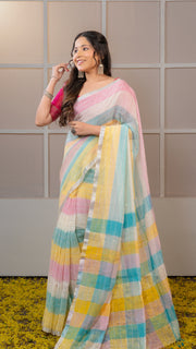 Pastel Multicolor Check Linen Saree with Pink, Sky and Yellow tones