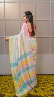 Pastel Multicolor Check Linen Saree with Pink, Sky and Yellow tones