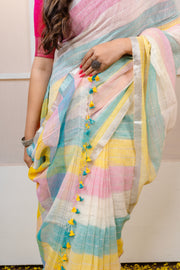 Pastel Multicolor Check Linen Saree with Pink, Sky and Yellow tones