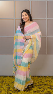 Pastel Multicolor Check Linen Saree with Pink, Sky and Yellow tones