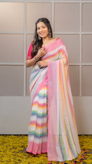 Rainbow Mul Cotton Saree with Pink Border