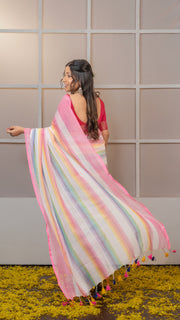 Rainbow Mul Cotton Saree with Pink Border