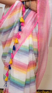 Rainbow Mul Cotton Saree with Pink Border