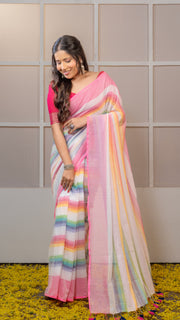 Rainbow Mul Cotton Saree with Pink Border