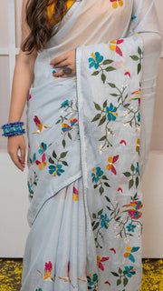 Light/Ice Blue Kota Silk Saree with Embroidery Border