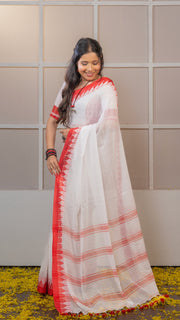 Red and White Bengali Style Mul Cotton Saree
