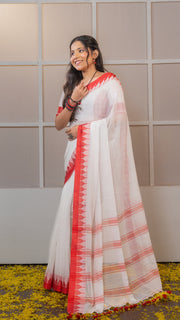 Red and White Bengali Style Mul Cotton Saree