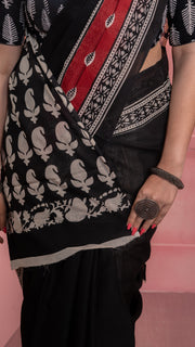 Black Bagru Print Saree with Red Border