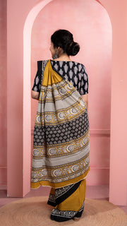 Mustard Bagru Print Saree with Black Border