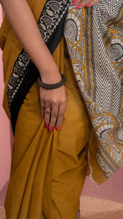 Mustard Bagru Print Saree with Black Border