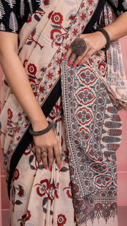 Cream Bagru Print Saree with Black Border