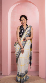 Off white Gamcha style Yellow and Black Handloom Khadi Cotton Saree