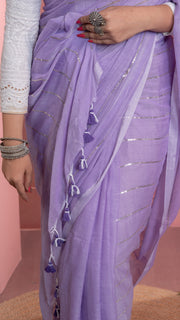 Lavender Mul Cotton Saree with Sequenced Stripes
