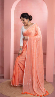 Peach Orange Mul Cotton Saree with Sequenced Stripes