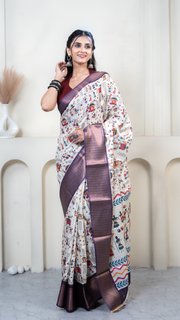White Warli Print Silk Saree with Purple Border