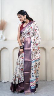 White Warli Print Silk Saree with Purple Border