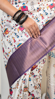 White Warli Print Silk Saree with Purple Border